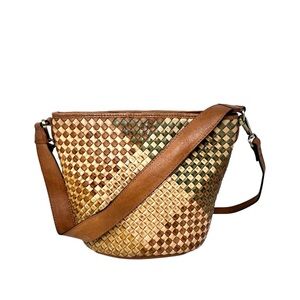 Woven Leather Shoulder Bag with Crossbody Strap Snap Top Tan Brown Green